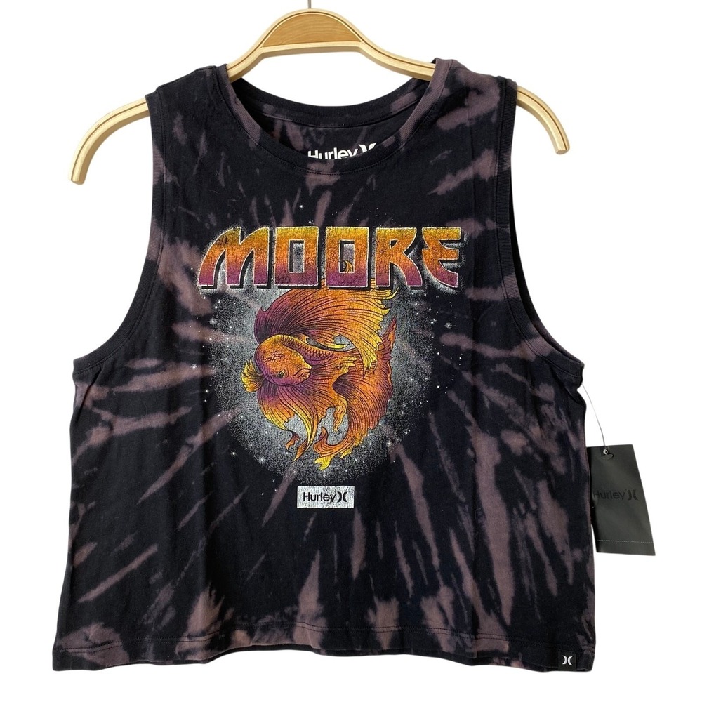 Hurley Y2K Hippie Biker Moore Cropped Tank Top Women XS Black Tie Dye Skater NWT